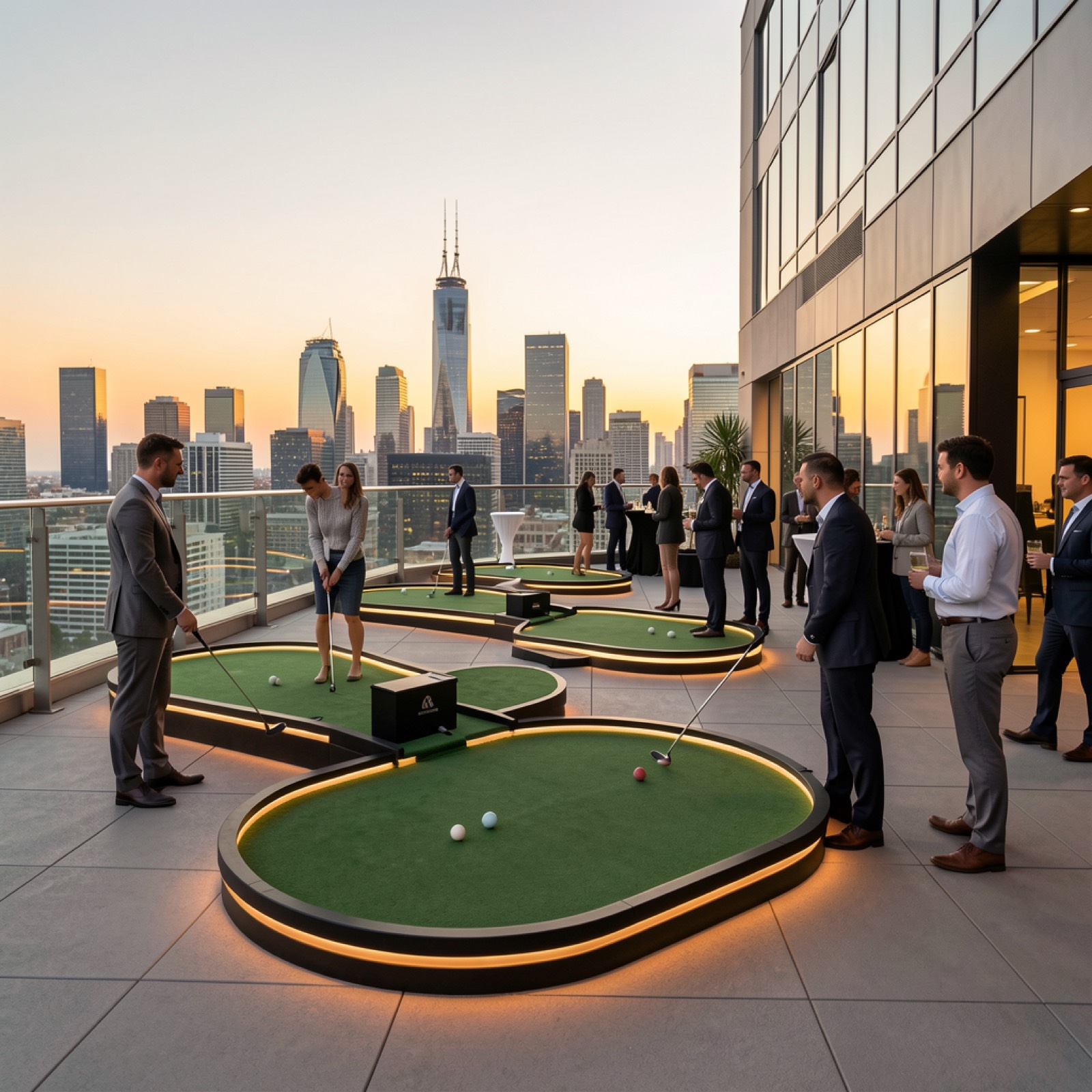 Corporate rooftop mini golf setup