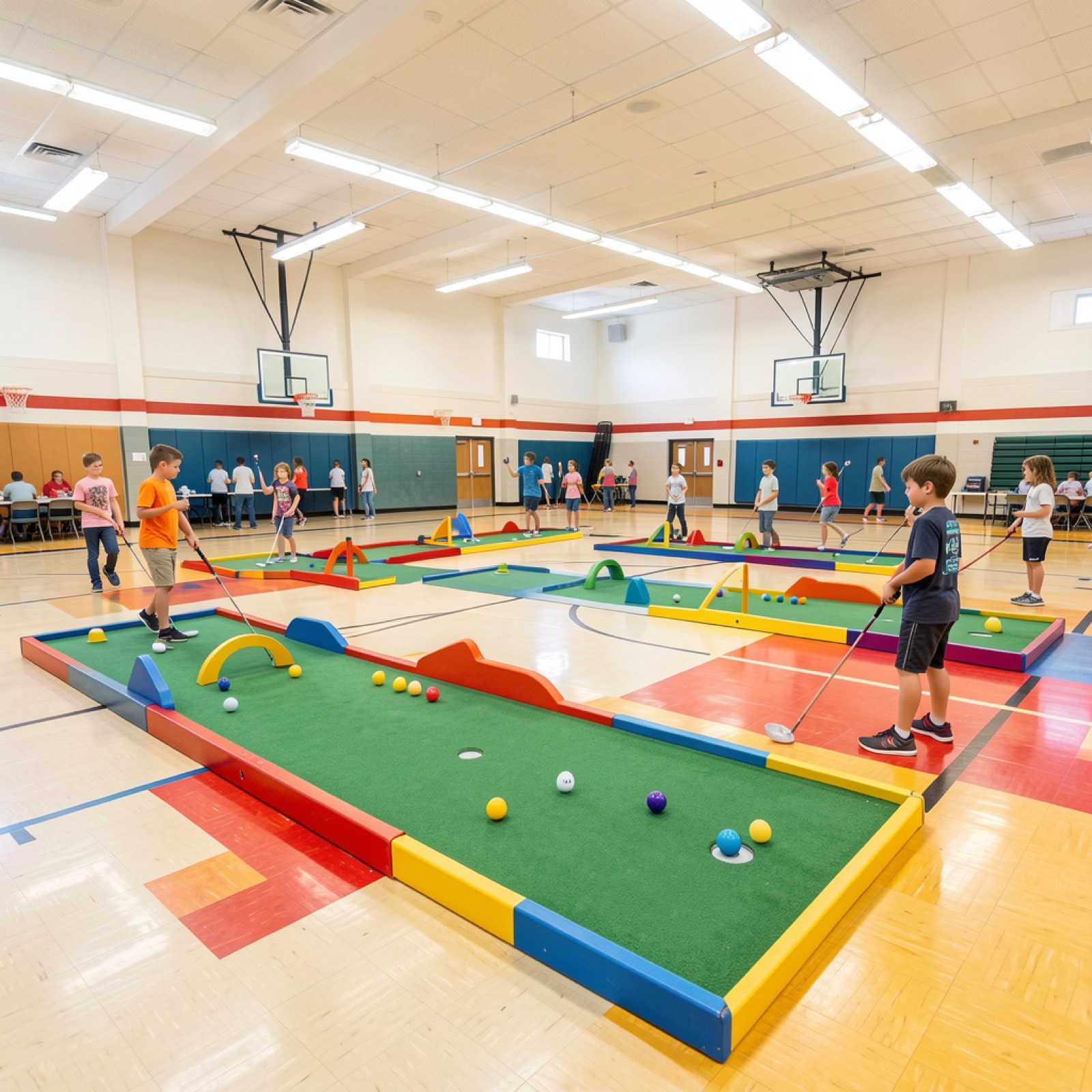 Mini golf set up in a school gym